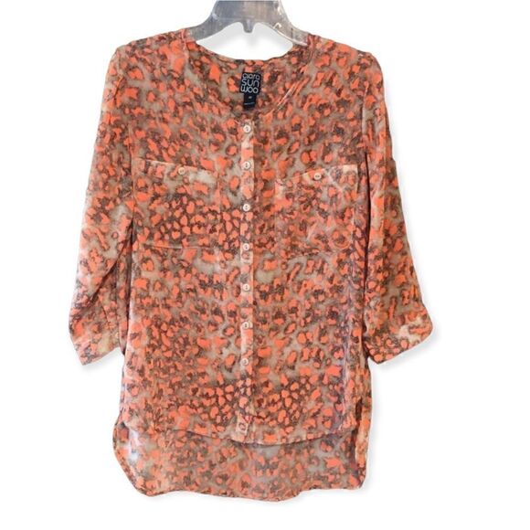 Clara Sun Woo Sz XS Semi-Sheer Orange Leopard Relaxed 3/4 Roll Tab Sleeve Blouse - Picture 1 of 7